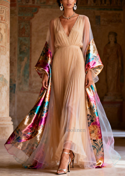 Stylish Apricot Exra Large Hem Patchwork Chiffon Pleated Dress Summer