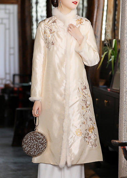 Stylish Apricot Faux Fur Collar Embroideried Thick Satin Cheongsam Long Sleeve