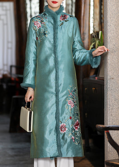 Stylish Apricot Faux Fur Collar Embroideried Thick Satin Cheongsam Long Sleeve