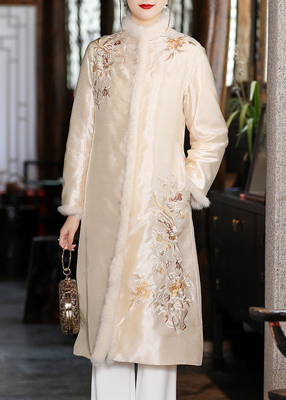 Stylish Apricot Faux Fur Collar Embroideried Thick Satin Cheongsam Long Sleeve