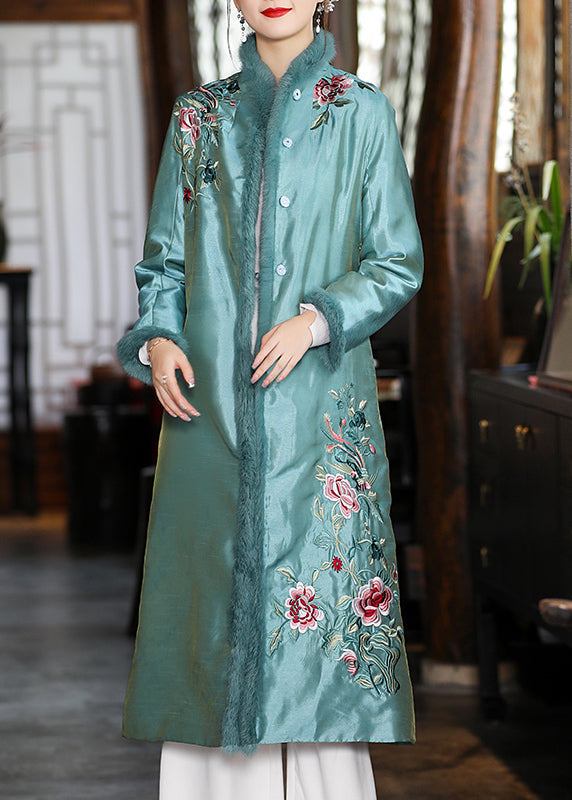 Stylish Apricot Faux Fur Collar Embroideried Thick Satin Cheongsam Long Sleeve
