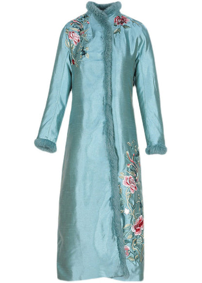 Stylish Apricot Faux Fur Collar Embroideried Thick Satin Cheongsam Long Sleeve
