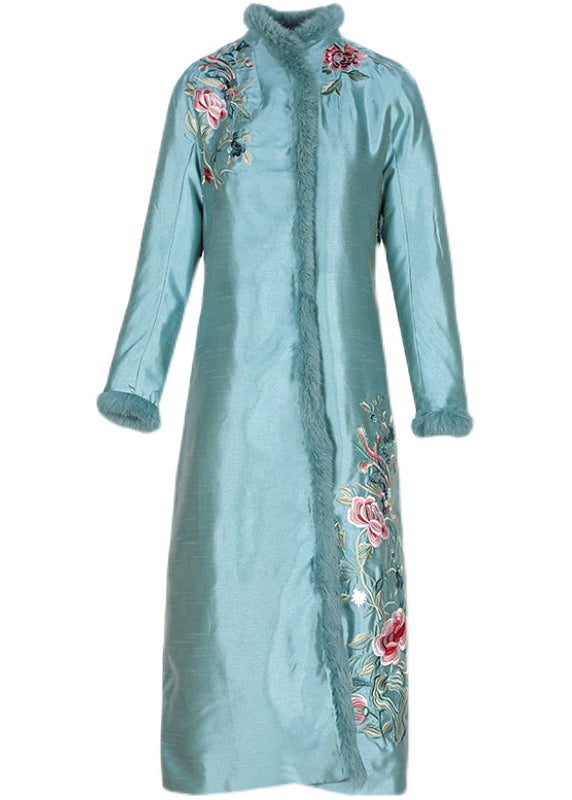 Stylish Apricot Faux Fur Collar Embroideried Thick Satin Cheongsam Long Sleeve