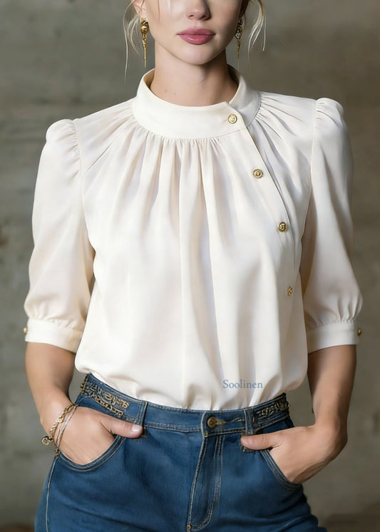 Stylish Apricot O-neck Button Silk Shirts Summer