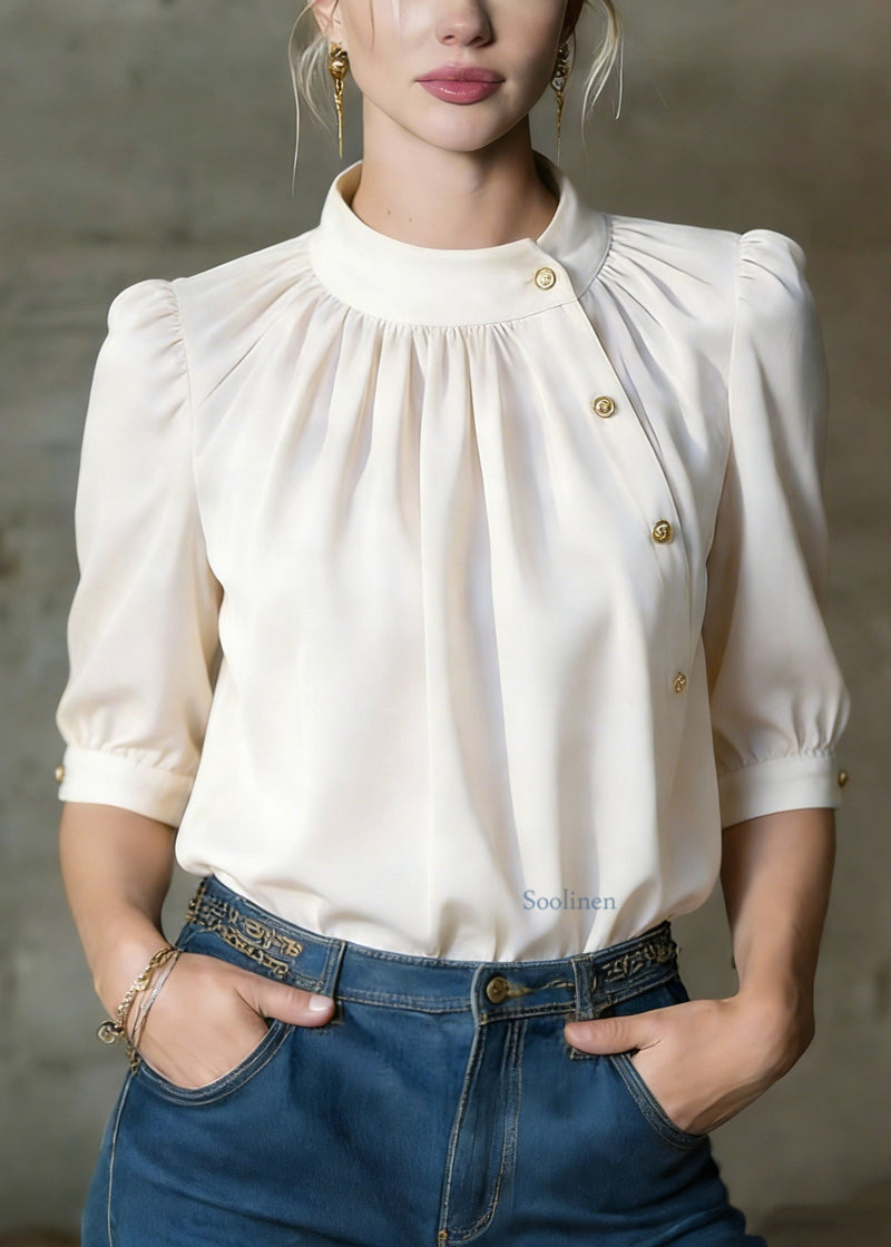 Stylish Apricot O-neck Button Silk Shirts Summer