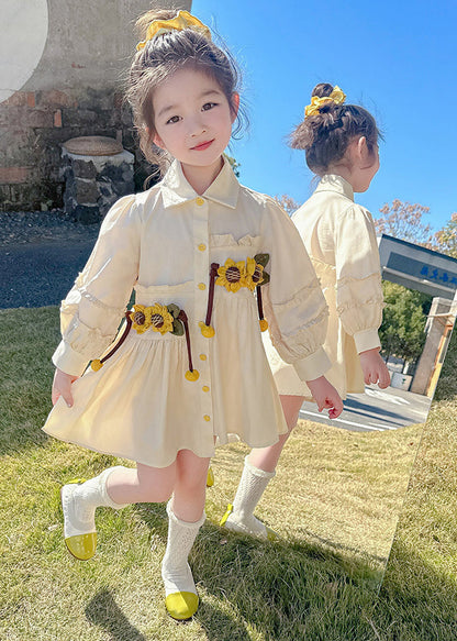 Stylish Apricot Peter Pan Collar Asymmetrical Wrinkled Kids Long Shirts Dress Fall