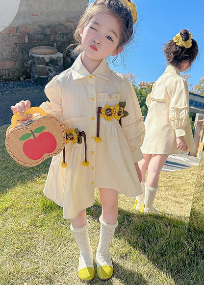 Stylish Apricot Peter Pan Collar Asymmetrical Wrinkled Kids Long Shirts Dress Fall