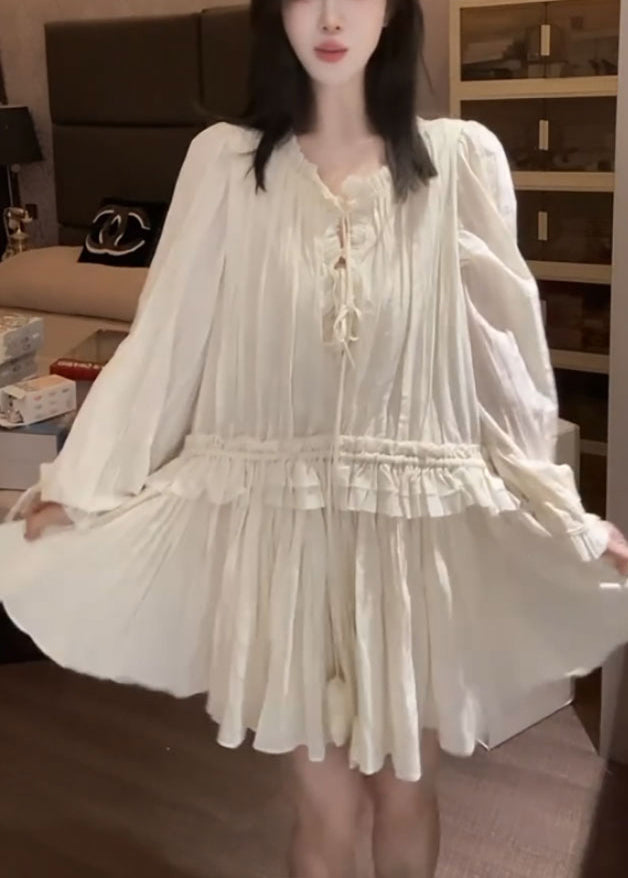Stylish Apricot Ruffled Lace Up Chiffon Mini Dress Fall