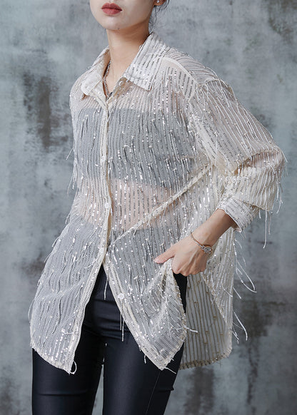 Stylish Apricot Sequins Tasseled Tulle Shirt Top Summer