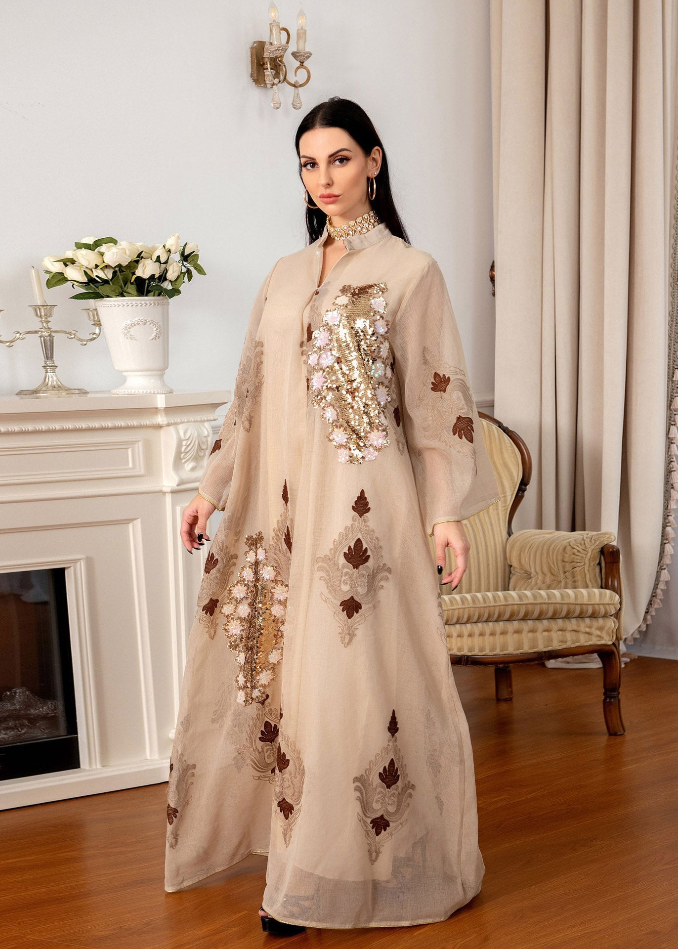 Stylish Apricot Stand Collar Embroideried Nail Bead Tulle Long Resses Fall