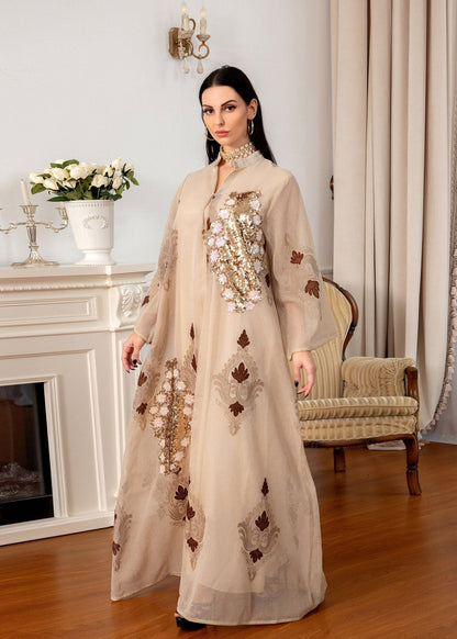 Stylish Apricot Stand Collar Embroideried Nail Bead Tulle Long Resses Fall