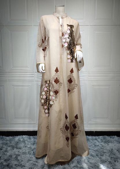 Stylish Apricot Stand Collar Embroideried Nail Bead Tulle Long Resses Fall