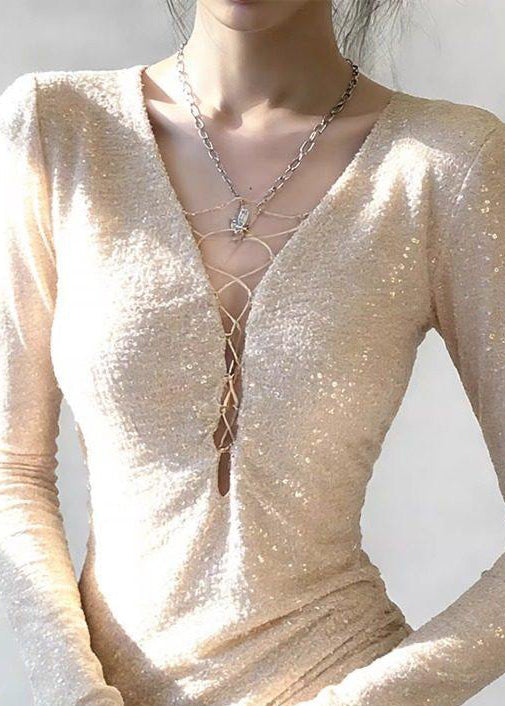 Stylish Apricot V Neck Sequins T Shirts Spring