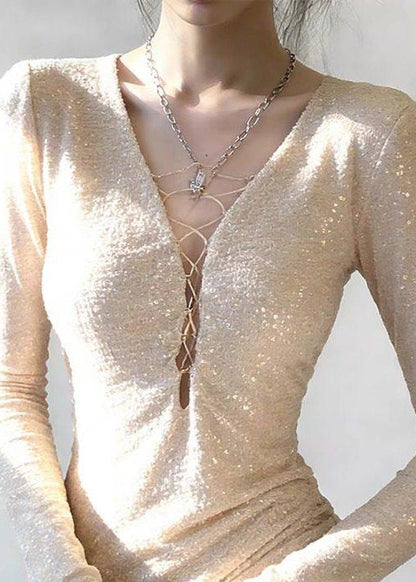 Stylish Apricot V Neck Sequins T Shirts Spring