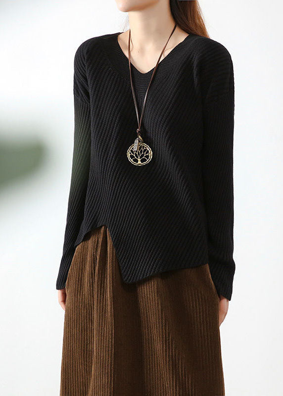 Stylish Apricot V Neck Asymmetrical Design Fall Knit Sweaters
