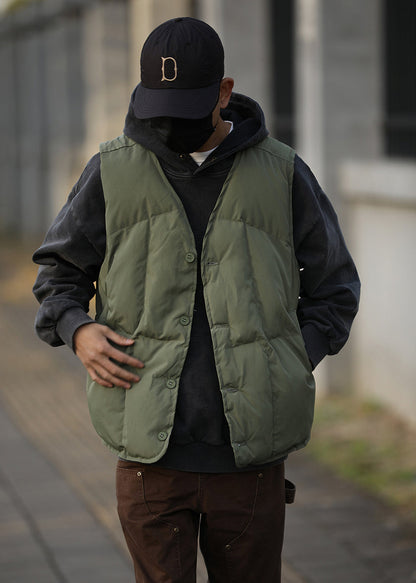 Stylish Army Green Button Down Fine Cotton Filled Vests Winter