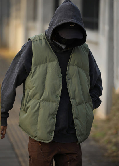 Stylish Army Green Button Down Fine Cotton Filled Vests Winter