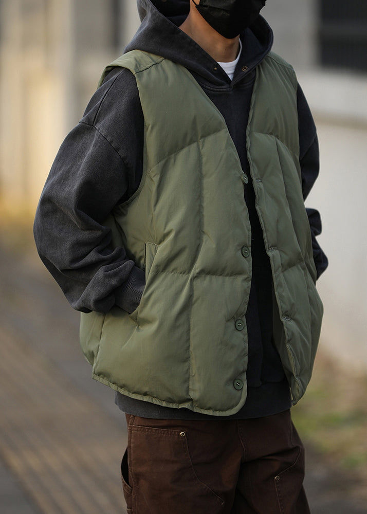 Stylish Army Green Button Down Fine Cotton Filled Vests Winter