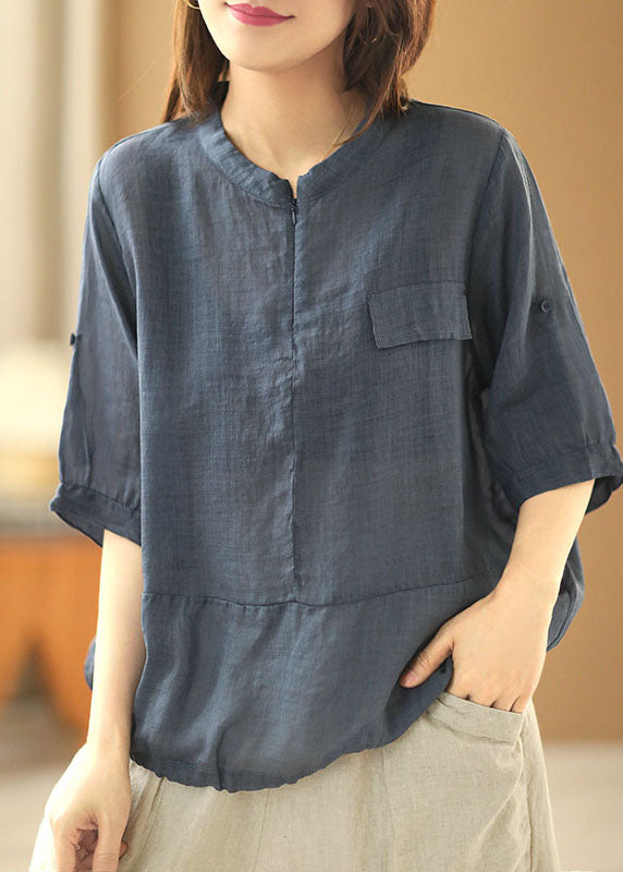 Stylish Army Green O-neck Zip Up Patchwork Linen Blouse Top Short Sleeve