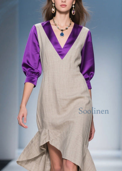 Stylish Asymmetrical Design Patchwork Linen Silk Dress Summer