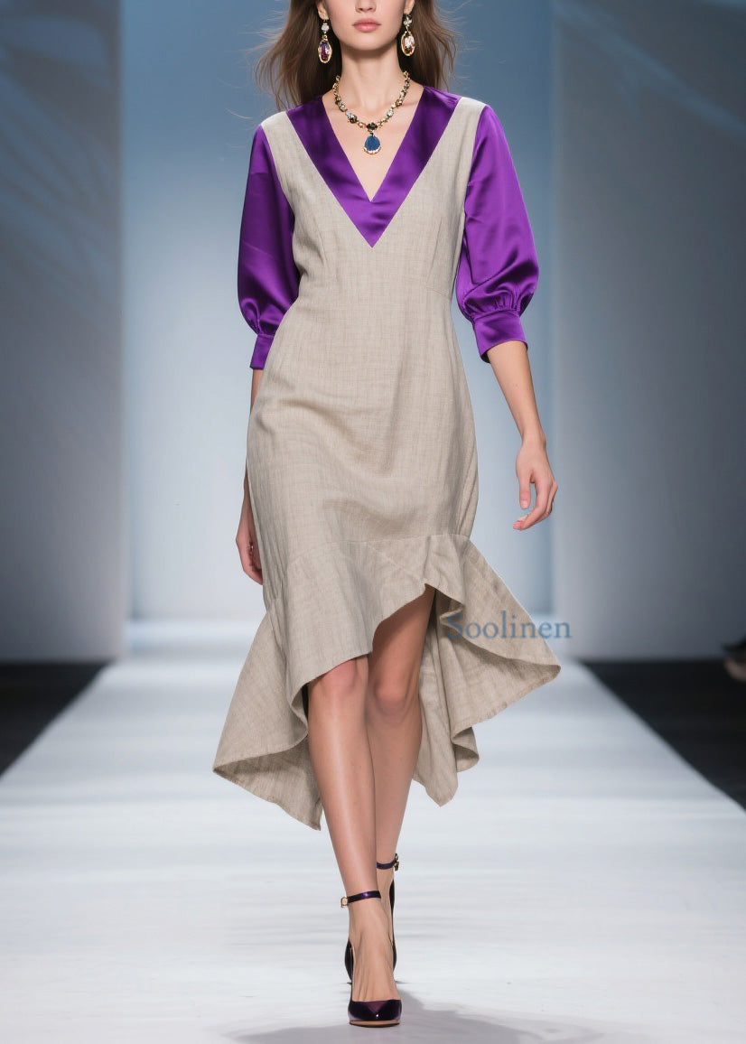 Stylish Asymmetrical Design Patchwork Linen Silk Dress Summer