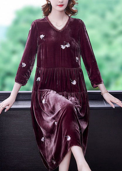 Stylish Bean Paste Red V Neck Embroideried Velour Dresses Spring