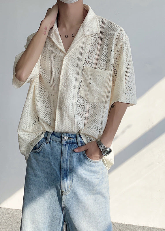 Stylish Beige Button Hollow Out Lace Shirts Summer
