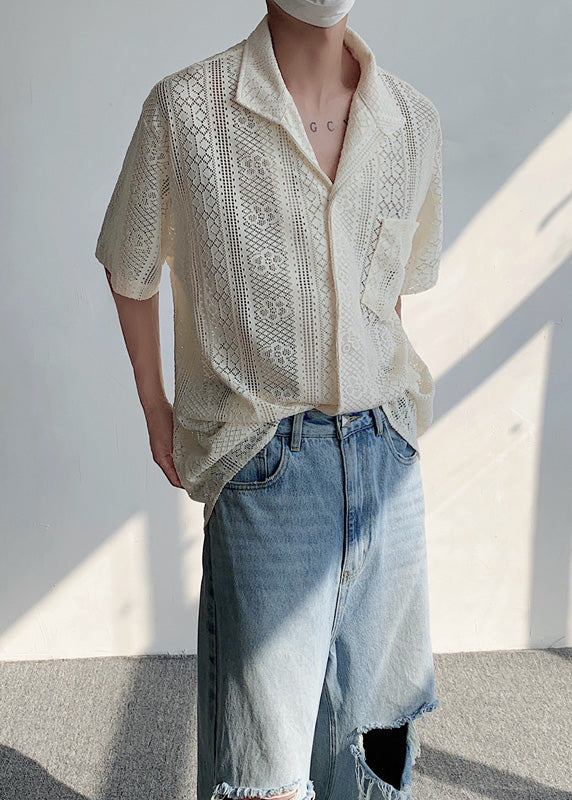 Stylish Beige Button Hollow Out Lace Shirts Summer