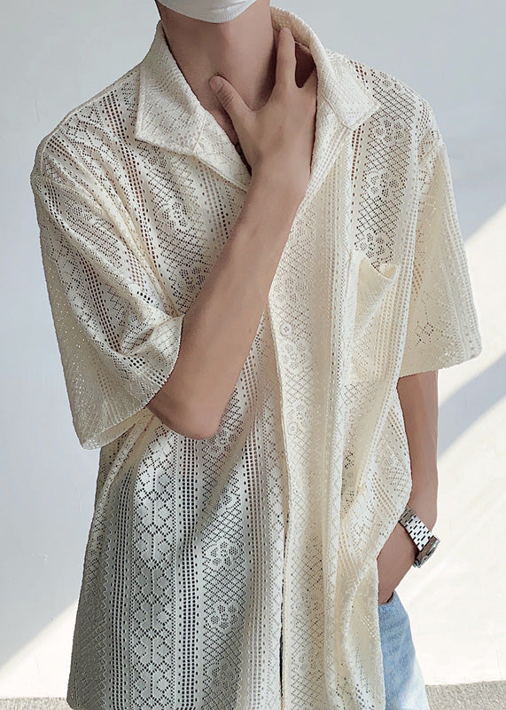 Stylish Beige Button Hollow Out Lace Shirts Summer