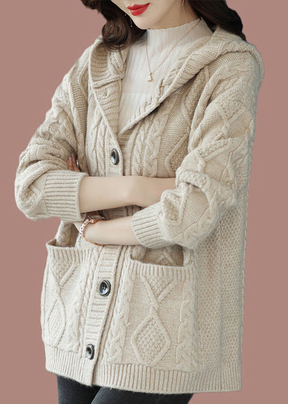 Stylish Beige Button Woolen Knit Hooded Coat Fall