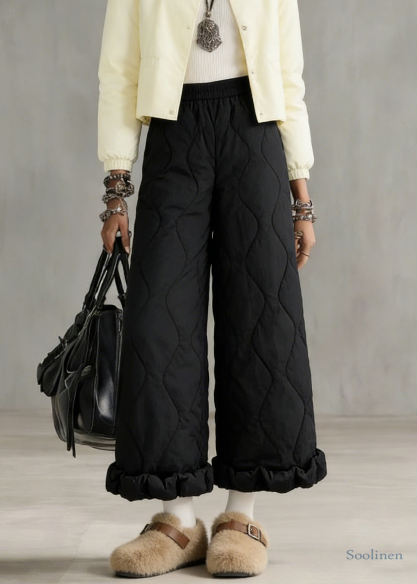 Stylish Beige Elastic Waist Fine Cotton Filled Crop Pants