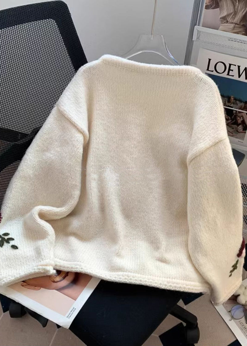 Stylish Beige Embroidered Knit Cardigans Spring
