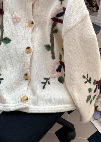 Stylish Beige Embroidered Knit Cardigans Spring