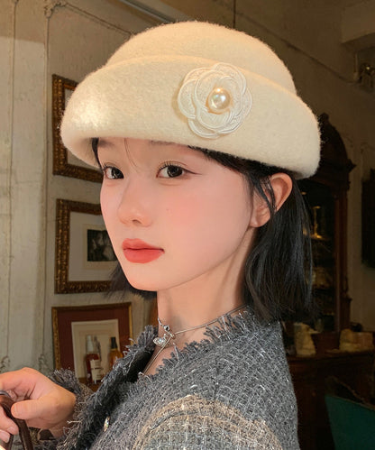 Stylish Beige Pearl Woolen Beret Hat