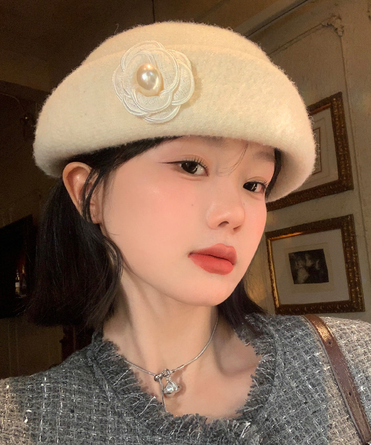 Stylish Beige Pearl Woolen Beret Hat