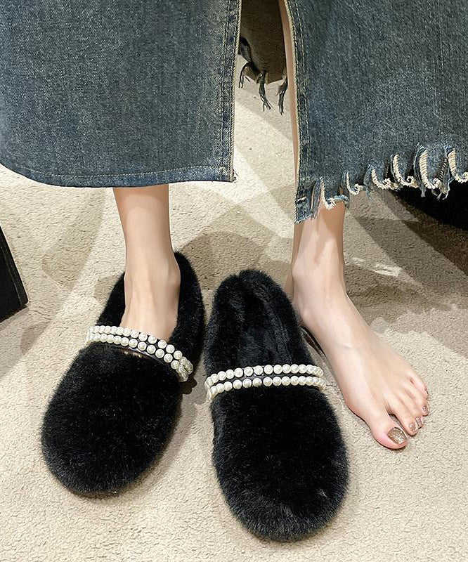 Stylish Beige Fuzzy Fur Nail Bead Splicing Flat Feet Shoes