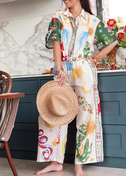 Stylish Beige Peter Pan Collar Shirts and Straight Pants Two Pieces Set Summer