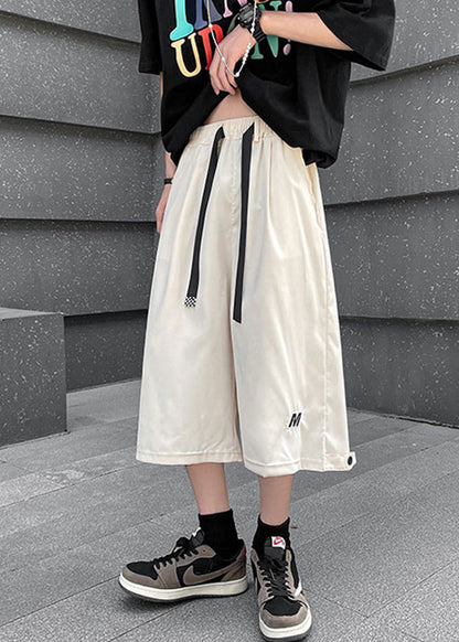 Stylish Beige Pockets Drawstring Crop Pants Summer