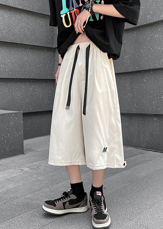 Stylish Beige Pockets Drawstring Crop Pants Summer