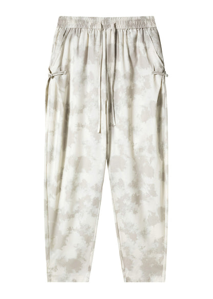 Stylish Beige Pockets Tie Dye Chinese Button Ice Silk Pants Summer