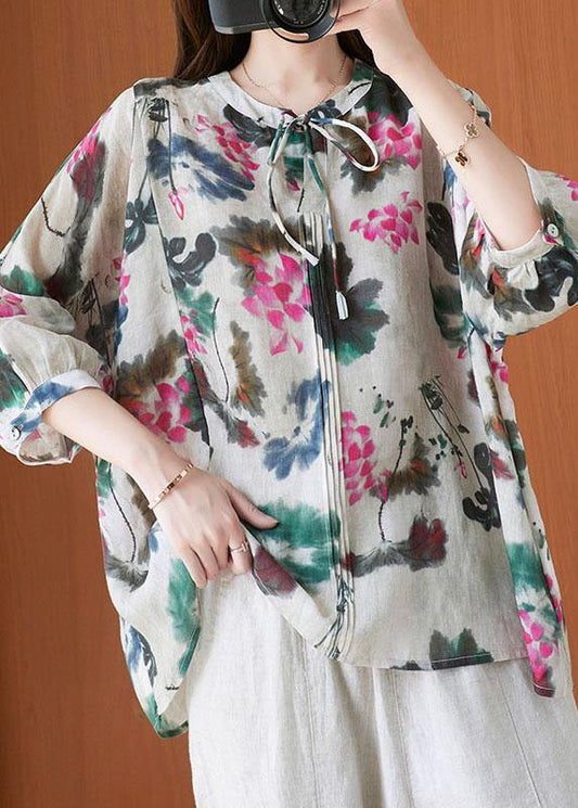 Stylish Beige Print Tie Shirts Summer Cotton