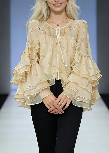 Stylish Beige Sequins Ruffles Silk Blouses Butterfly Sleeve
