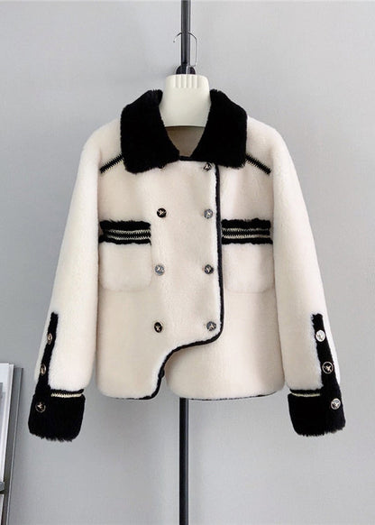 Stylish Beige Square Collar Asymmetrical Patchwork Woolen Coats Winter