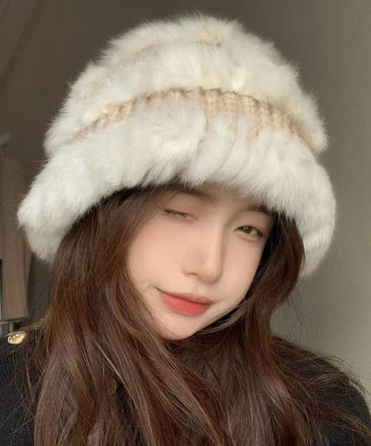 Stylish Beige the Rabbit Wool Patchwork Bucket Hat