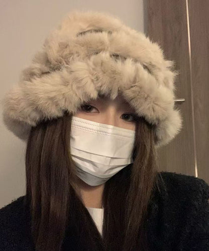 Stylish Beige the Rabbit Wool Patchwork Bucket Hat