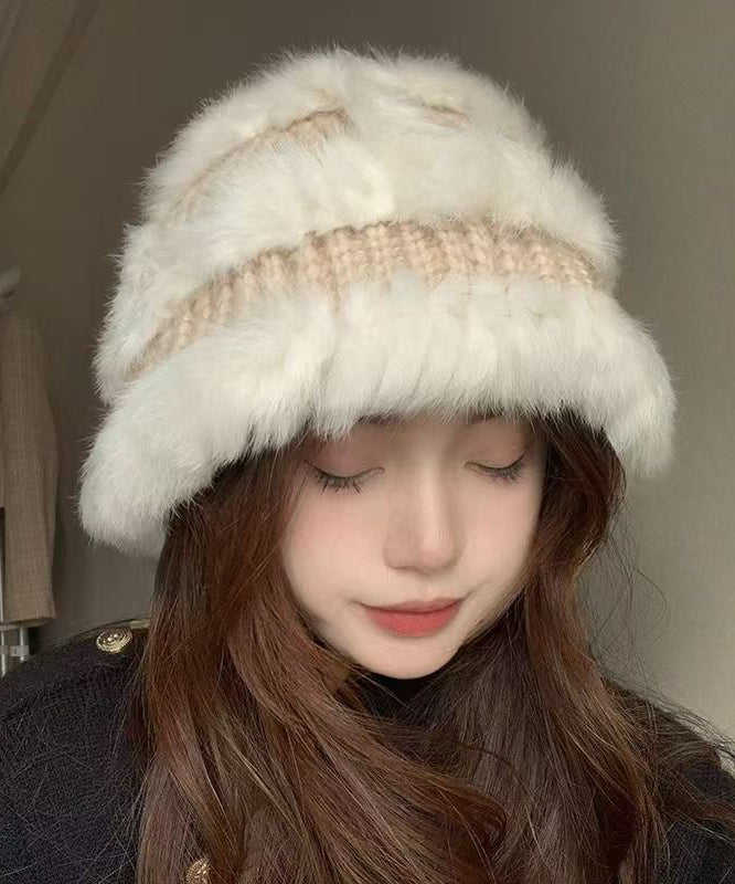 Stylish Beige the Rabbit Wool Patchwork Bucket Hat
