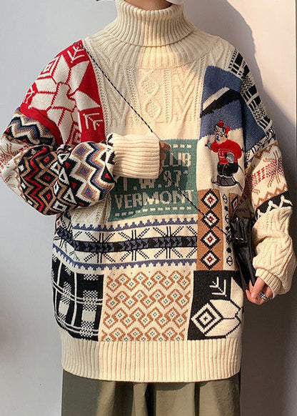 Stylish Beige Turtleneck Patchwork Warm Fleece Sweaters Winte