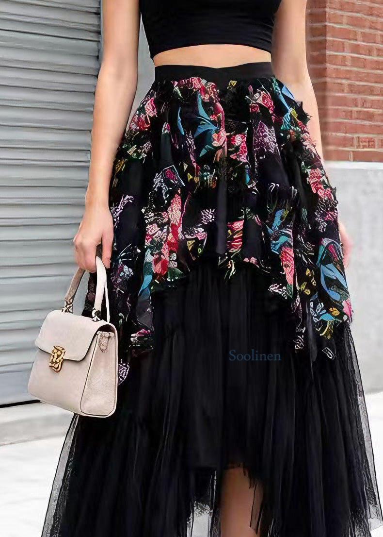 Stylish Black Asymmetrical Patchwork Tulle Skirt Spring