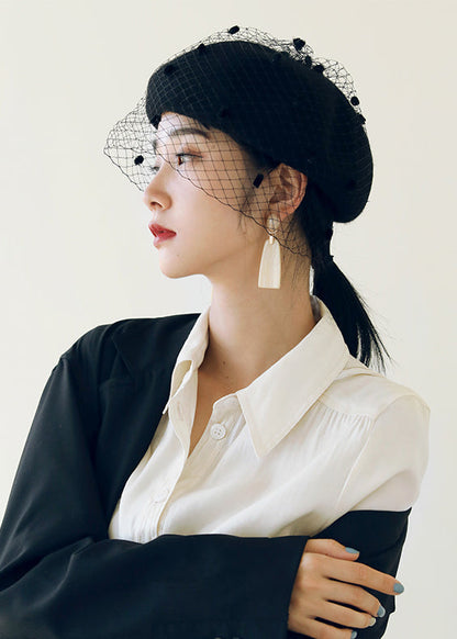 Stylish Black Autumn and Winter Woolen Tulle Beret Hat