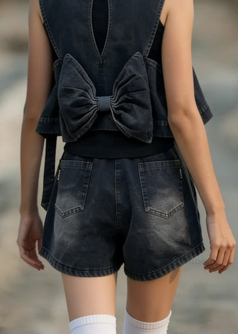 Stylish Black Bow Vest and Shorts Denim Two Pieces Set Summer